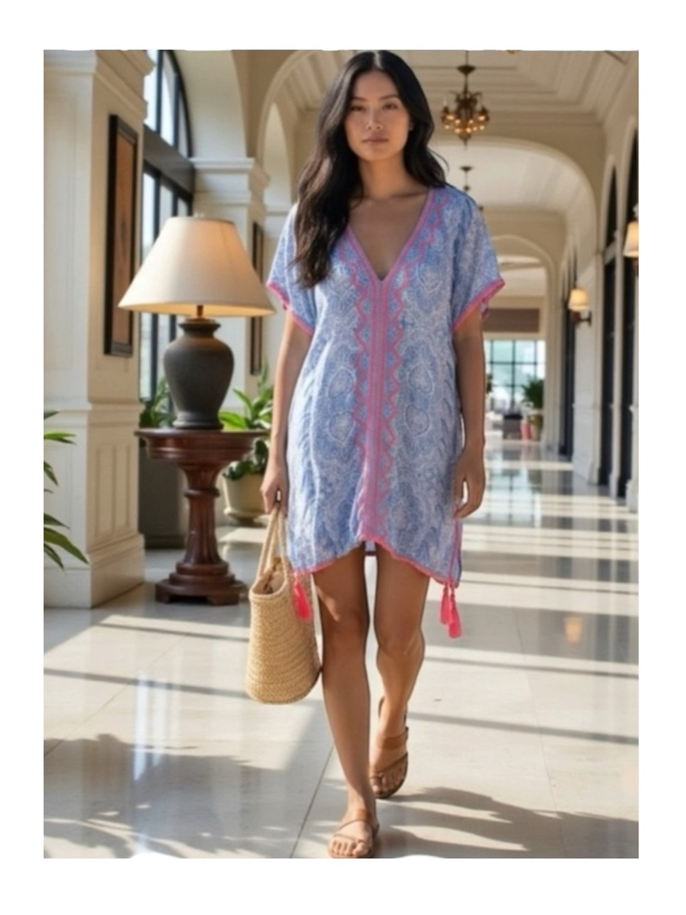 new Surf Gypsy ✿ V Neck Fringe Embroidery Kimono Kaftan Swim Cover Dress ✿ Large